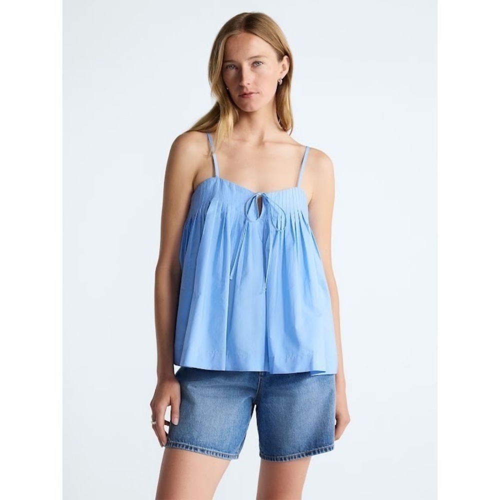 Free Assembly Women's Blue Cotton Pintuck Sleeveless Tie Front Top Large NWT